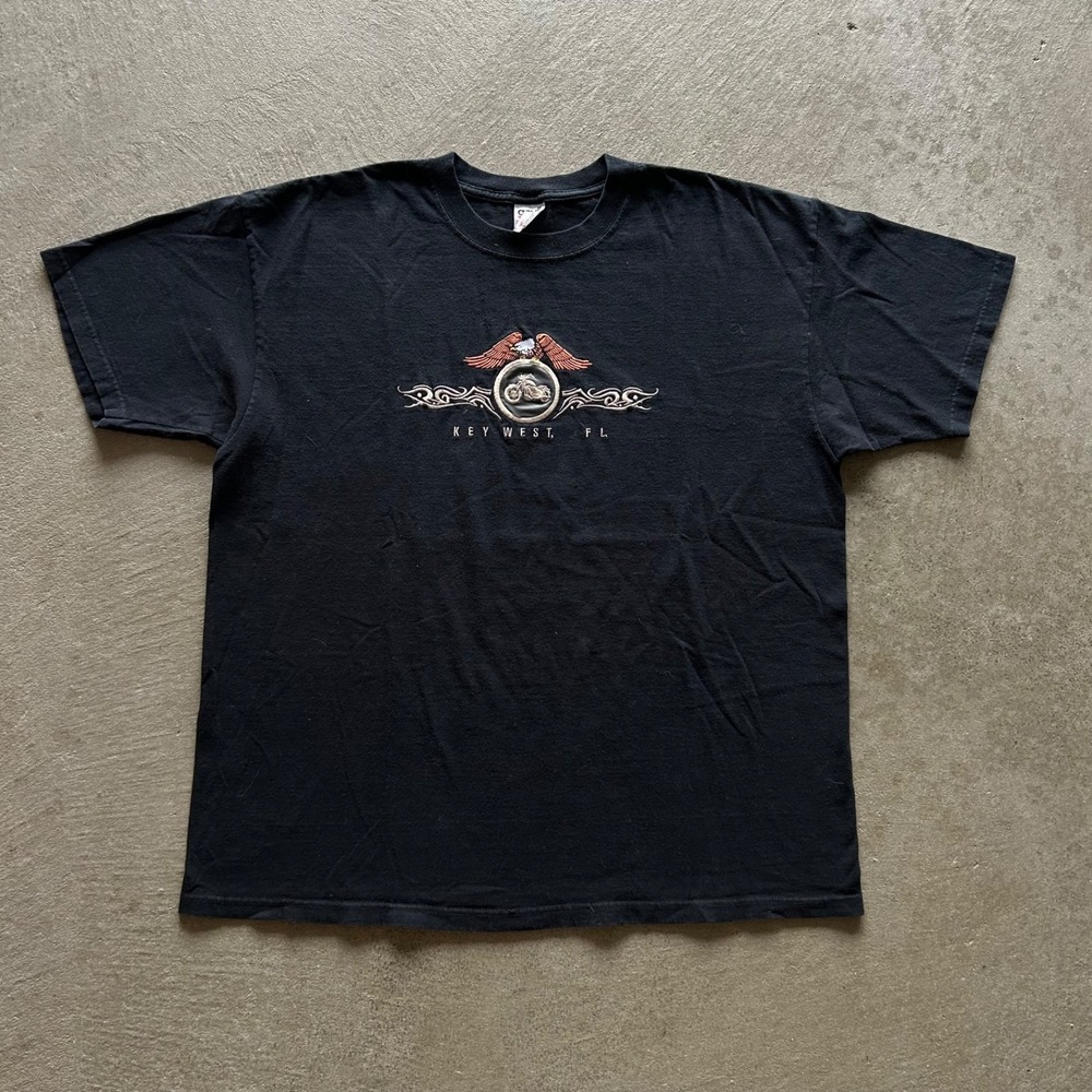 Vintage 90s Key West Florida Biker Shirt Size XL Black Embroidered Eagle